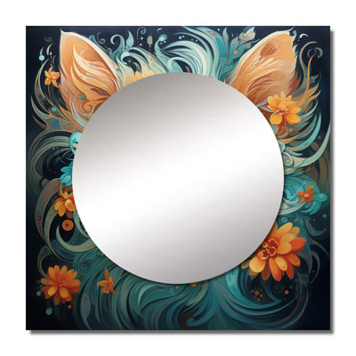 Magical Amber And Teal Cat With Flowers I - Animals Cat Large Square Mirror Wall Decor For Bedroom