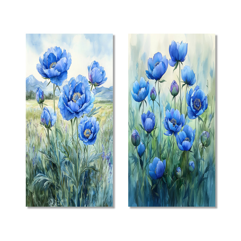 Océan bleu pivoines dans le champ I - ensemble d'art mural floral en métal 2 pièces, H 40 po x l 40 po