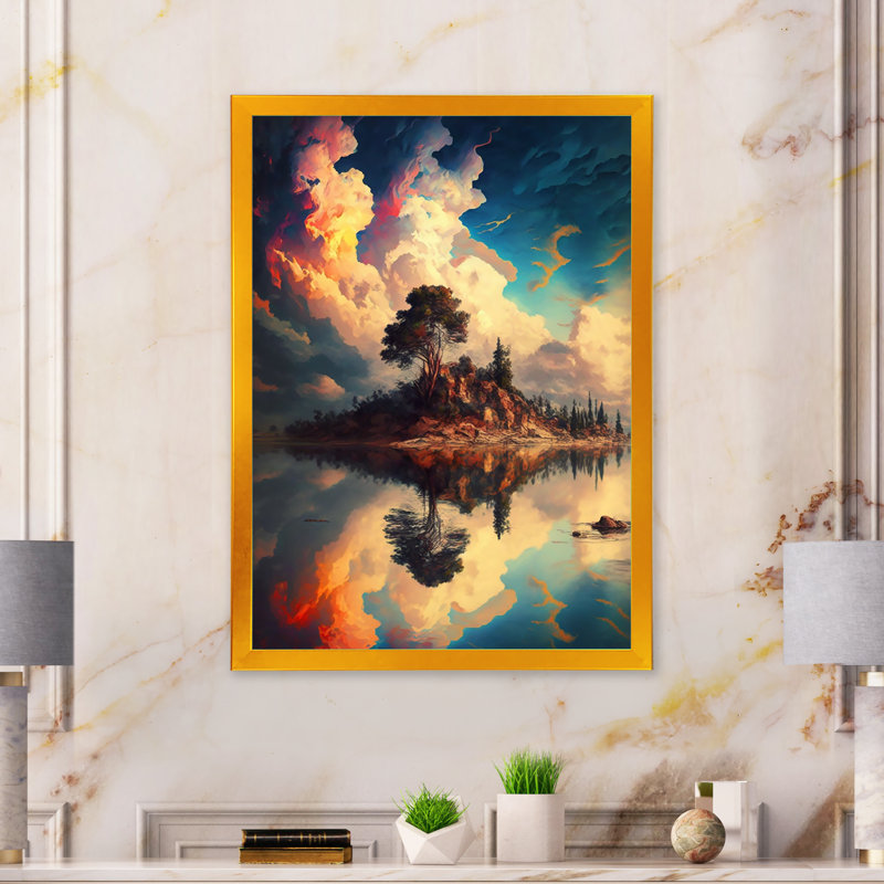 «Single Tree on a Little Island Under a Vibrant Sky», reproduction sur toile, H 32 po x l 24 po x P 1 po, Encadrement doré