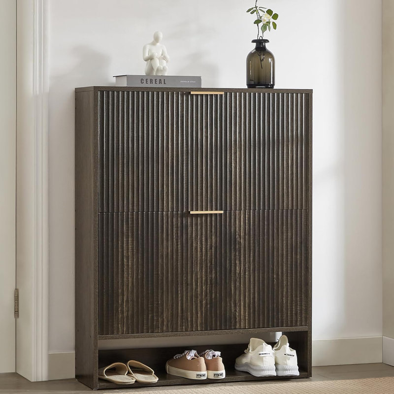 31.5''w Walnut Slim Shoe Cabinet, Fluted Hidden Shoe Storage Cabinet With 2 Flip Drawers, Black
