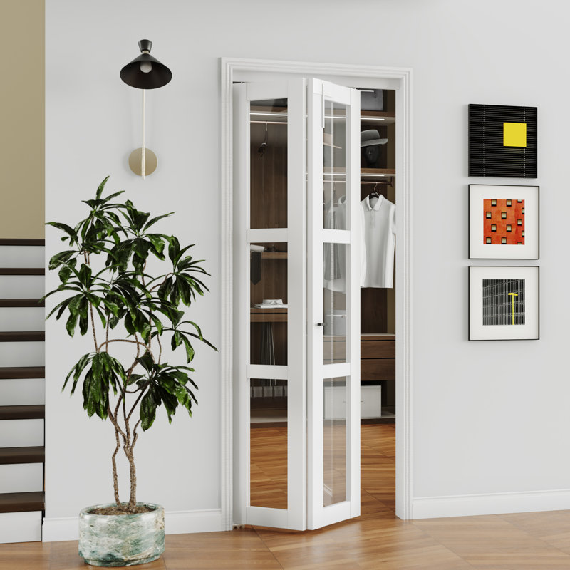 Porte pliante en verre - 3 verres transparents avec serrure de porte pliante et poignée en forme de T, 24 po x 80 po, 1