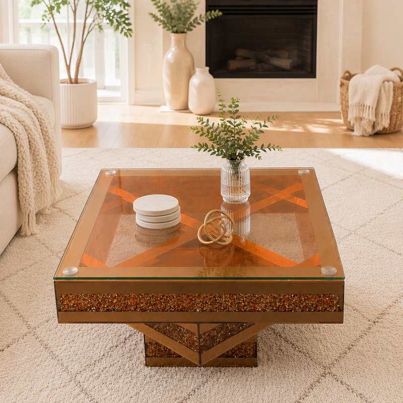 Table basse à 3 niveaux avec miroir en diamant concassé, Transparent / brun
