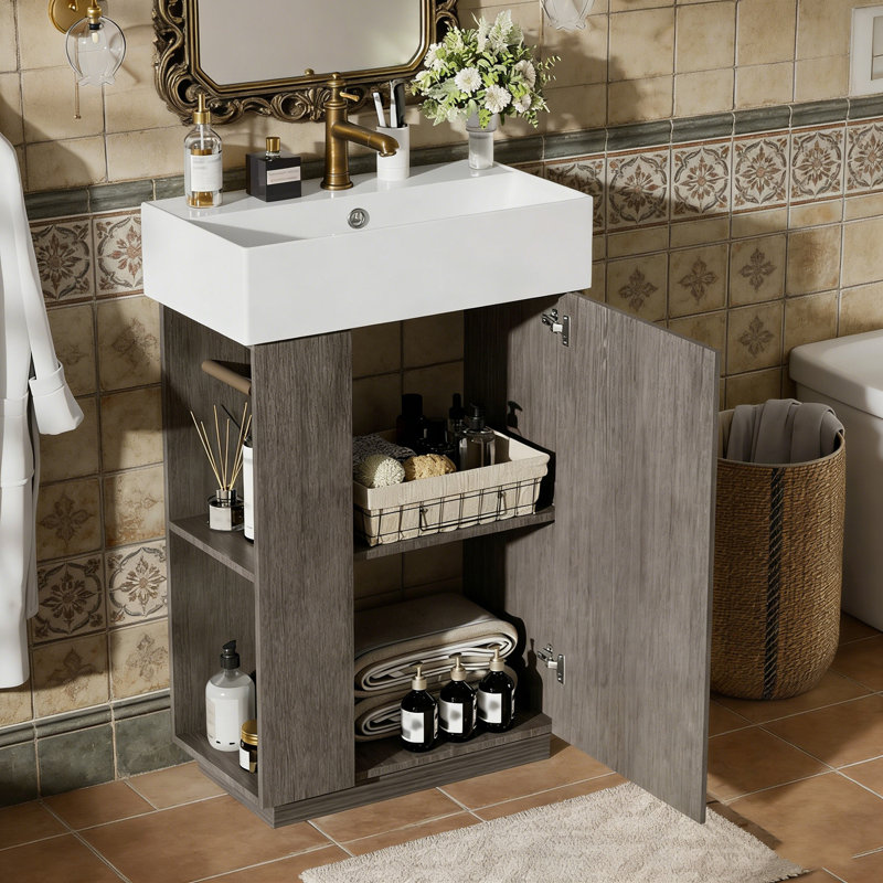 Meuble-lavabo de salle de bain avec lavabo, porte de droite et tablette latérale, Gris foncé