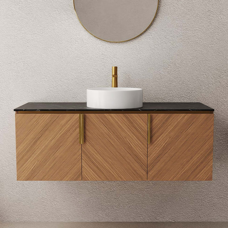 Meuble-lavabo 48 po avec lavabo, meuble de rangement mural avec comptoir en pierre frittée 3 portes et lavabo rond en céramique