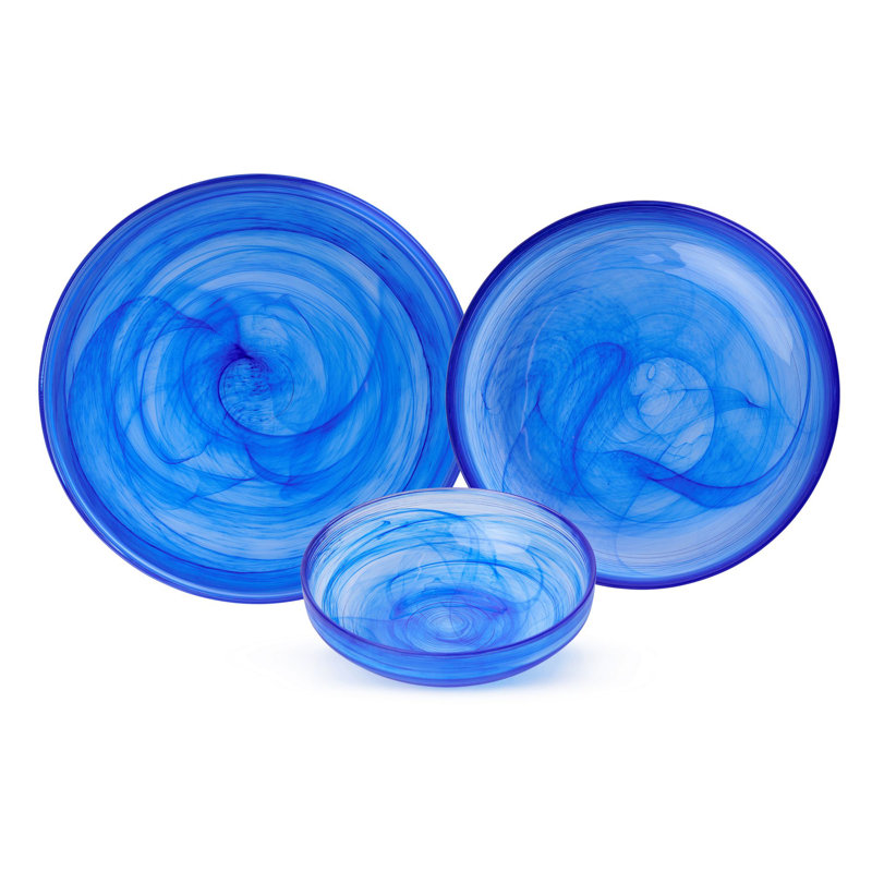 Service de table élégant 18 pièces, verre bleu | Comprend 6 assiettes de service (10,2 x 10,2 po), 6 assiettes (7,5 x 7,5 po), 6 bols (5,5 x 5,5 po) | 100% verre durable, parfait pour le divertissement et l'utilisation quotidienne | Ne va pas au lave-vaisselle ni au micro-ondes, conception élégante
