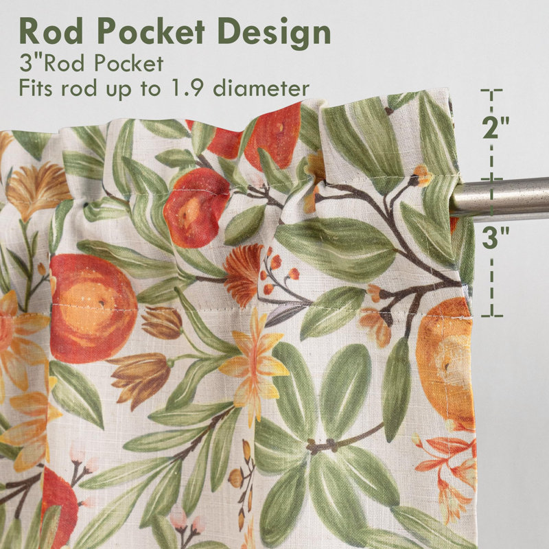 Rosalind Wheeler Orange Floral Room Darkening Valance For Kitchen Vintage Botanical Printed Lined Thermal Insulated Rod Pocket Valance For Living Room