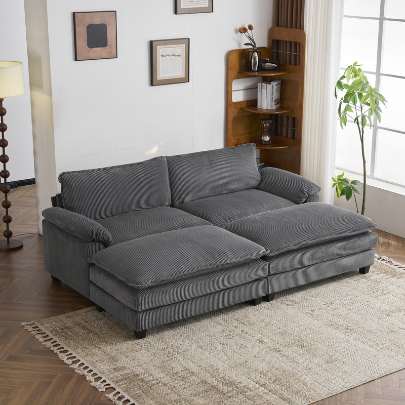 Shugar 90" W Corduroy Modular Sofa with Two Ottomans, Gray