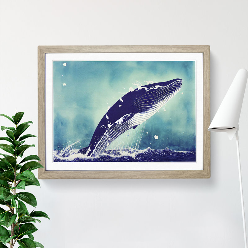 XH1022-10129X Whale Paint Splatter 1 Piece Single Picture Frame Wall Art, 34cm H x 46cm W x 2cm D, Oak Framed