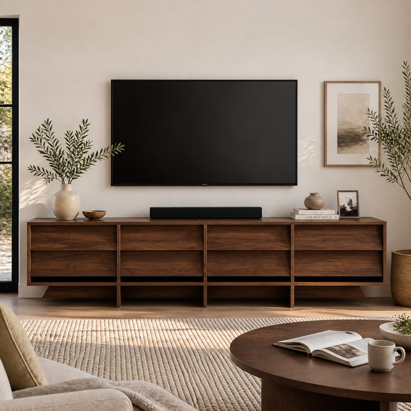 78.7" Modern Walnut TV Console, Large-Capacity Floor TV Stand with 8 Storage Drawers, Contemporary Media Cabinet for Living Room Organization