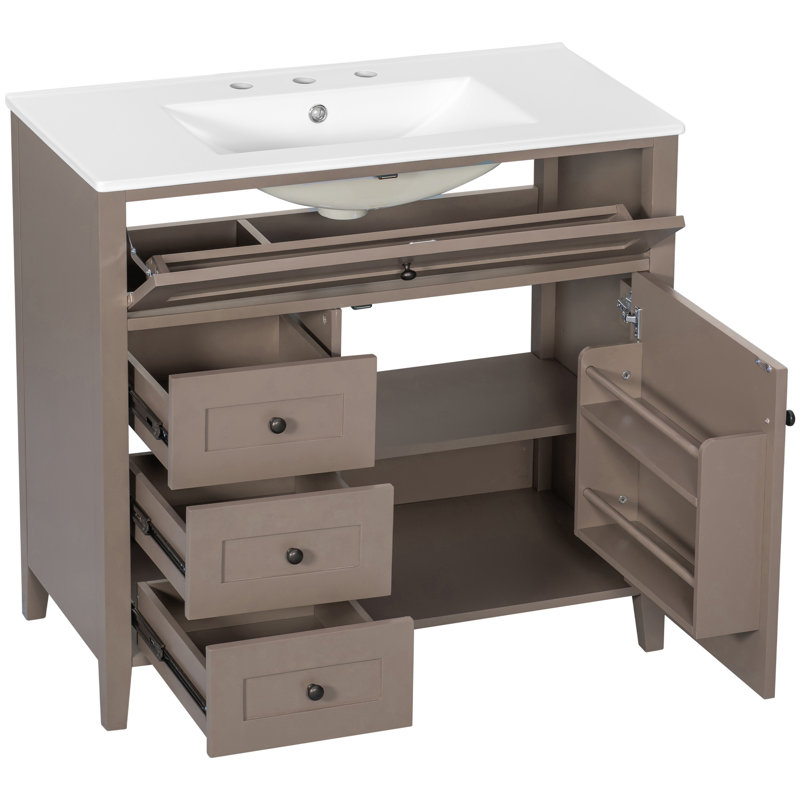 Meuble-lavabo sur pied 36 po avec lavabo en céramique, Marron clair