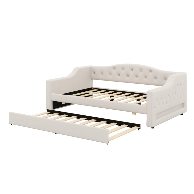 Upholstered Daybed With LED Belt And Trundle, Beige