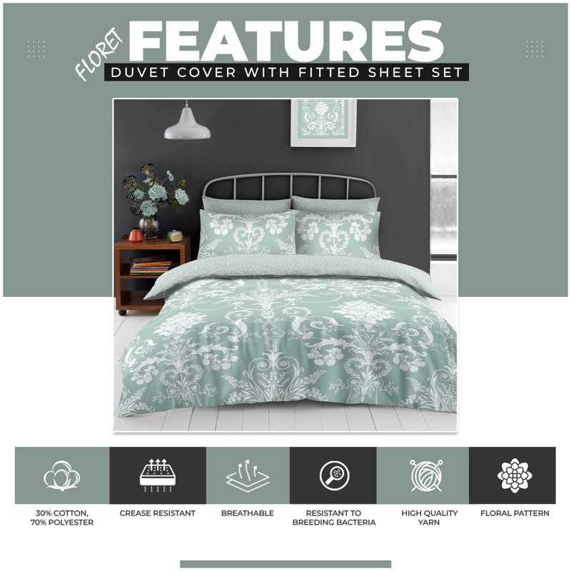 Cotton Blend Floral Duvet Cover with Pillowcases, Double Duvet Cover + 2 Standard Pillowcases