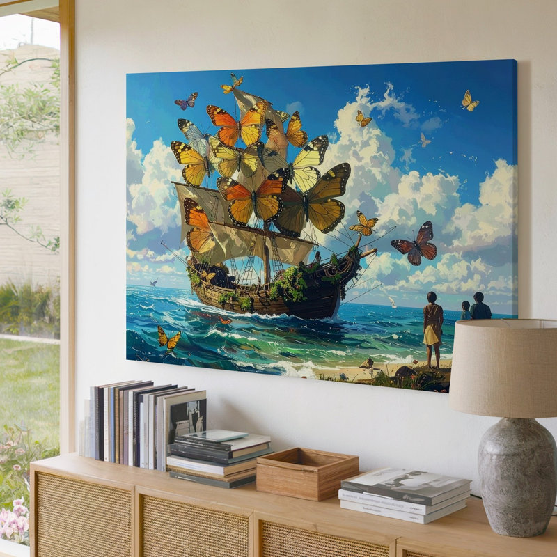 Art mural, voilier papillon, toile, nature, aventure, 9" H x 12" W