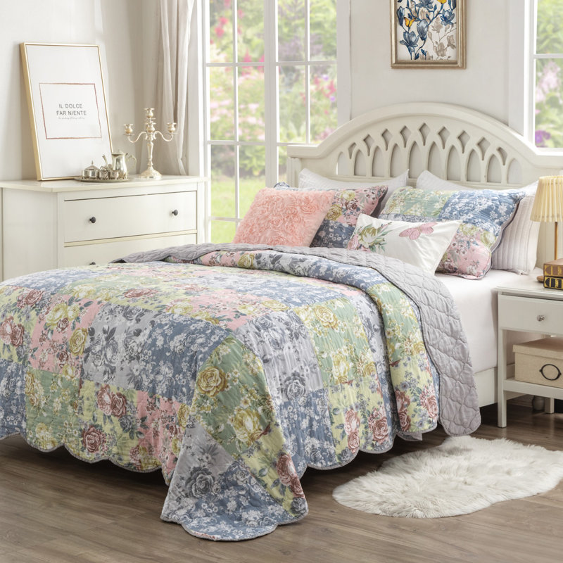 Ensemble de courtepointe 3 pièces très grand Greenland Home Fashions Emma Gray 105 x 95 + 20 x 36 (2), Très grand lit