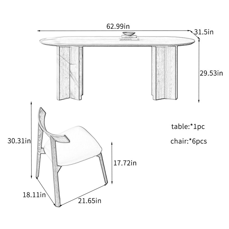 Table de salle à manger Mid-Century, H 29,53 po x L 62,99 po x l 31,5 po