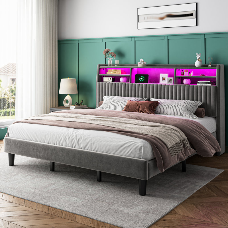 Upholstered Platform Bed With Storage Headboard, Led Lights & Charging Station, Gray, King