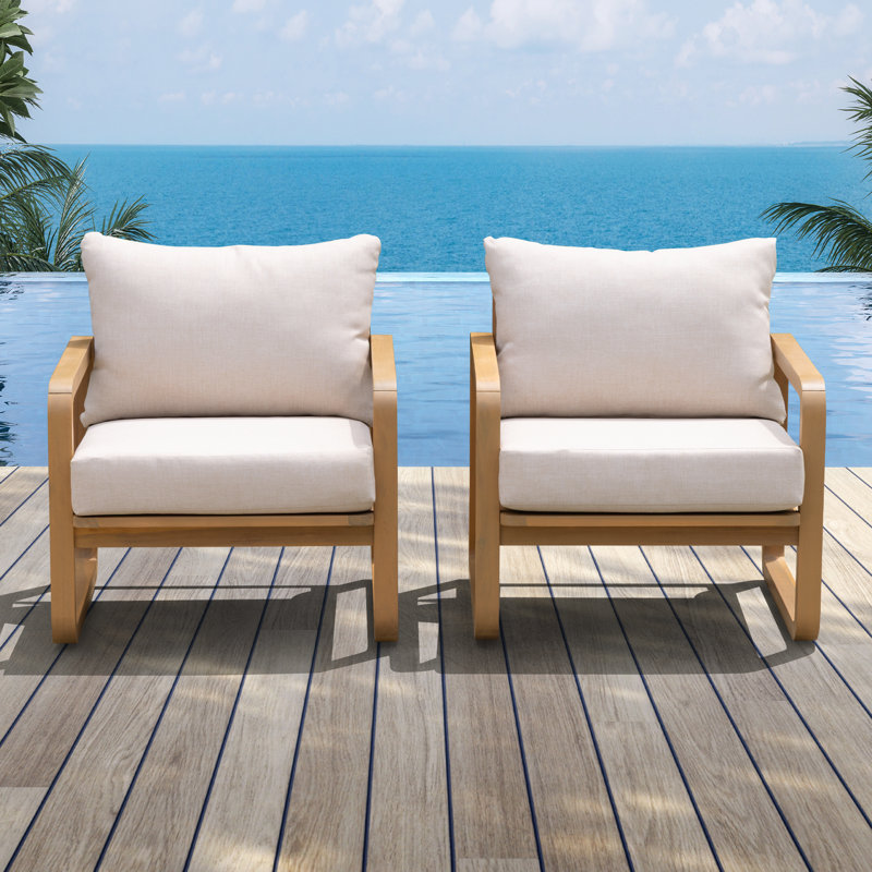 Cyrus Solid Wood Patio Lounge Chair With Beige Cushion -  Set of 2 , Beige