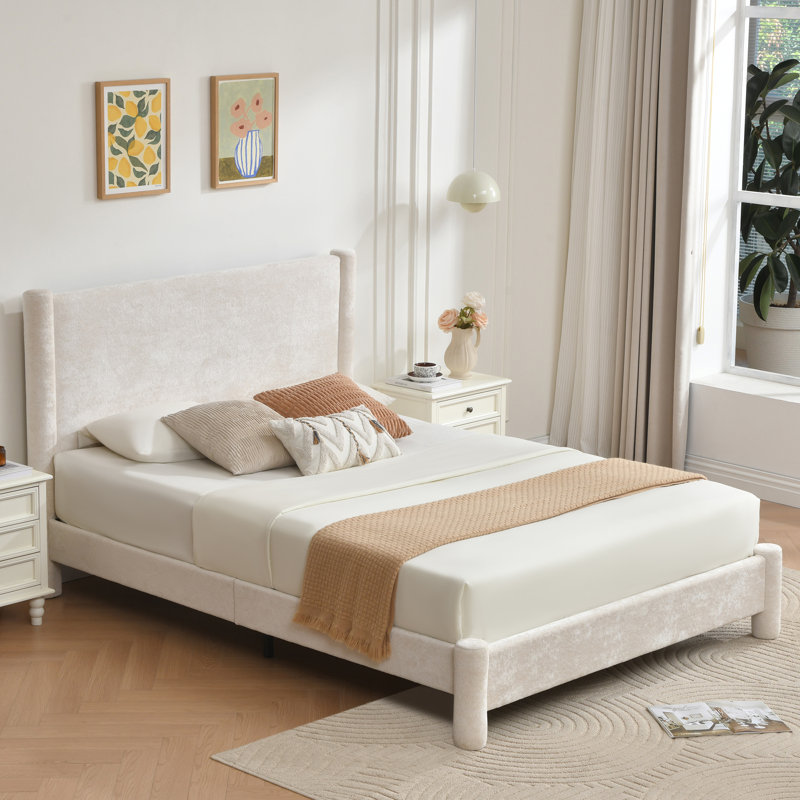  Lit rembourré avec velours moelleux, coins arrondis doux, sans sommier tapissier, assemblage facile, Double, Blanc