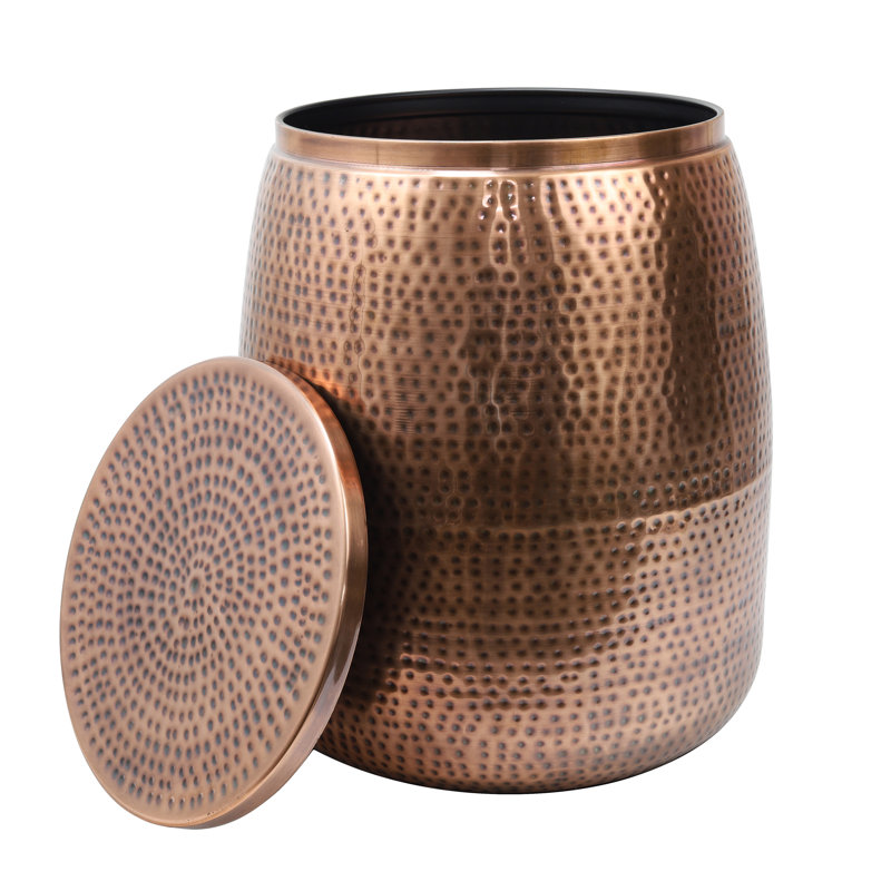 Merida 19" Modern Rustic Hammered Metal Drum Storage Side Table with Lid, Brown