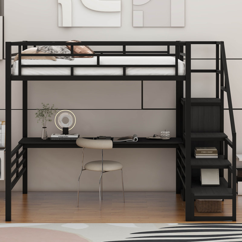 Full Size Metal Loft Bed With Desk, Storage Staircase And Small Wardrobe, Black