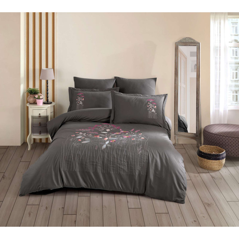 Ensemble de housse de couette double en popeline brodée Elegant, 100% coton, gris | Housse de couette 78,7 po x 86,6 po | Drap plat 94,5 po x 102,4 po | 2 taies d'oreiller standard 19,7 po x 27,6 po | Lavable à la machine, fermeture à boutons, doux et durable