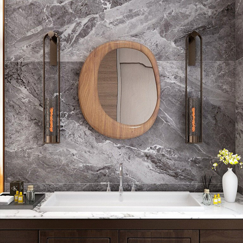 Miroir mural asymétrique en bois manufacturé, H 35,83 po x L 31,50 po, Brun orangé
