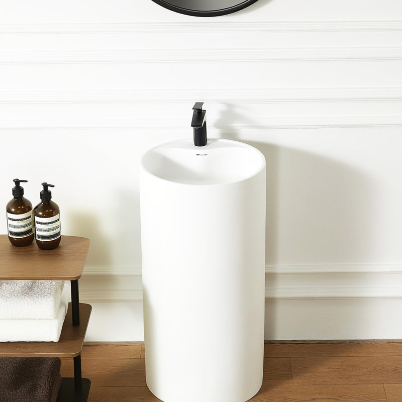 Lavabo de salle de bain piédestal à surface solide Modern Luxury 66S - 08, largeur 18,22 po, couleur blanc mat, trop-plein, facile à installer pour 08 en blanc, dimensions, qualité et utilisation de l'espace