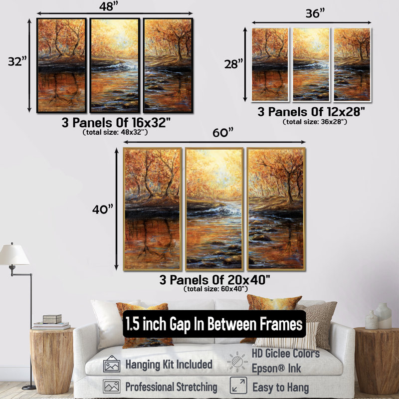 «Morning Light In The Autumn Forest», peinture sur toile 3 pièces, H 32 po x l 48 po, Argent argent