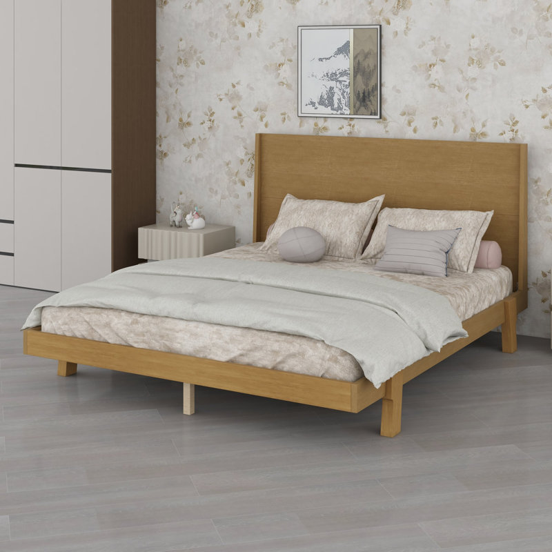 Cadre de lit facile à monter, style moderne du milieu du siècle, tête de lit originale et pieds inclinés, Grand lit, Natural