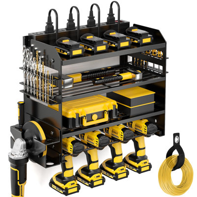 Station de recharge pour outils électriques avec support pour meuleuse d'angle, support mural robuste pour perceuse à 4 couches, rangement pour outils dans une multiprise à 8 prises