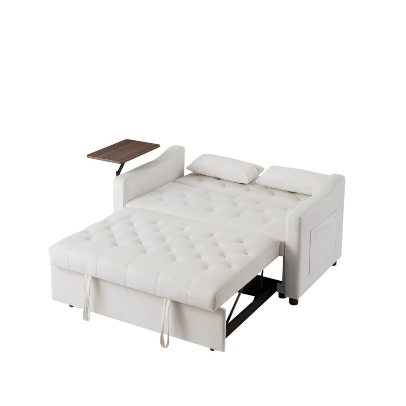 Multifunctional Sofa Bed with Swivel Side Table, Cream White Velvet