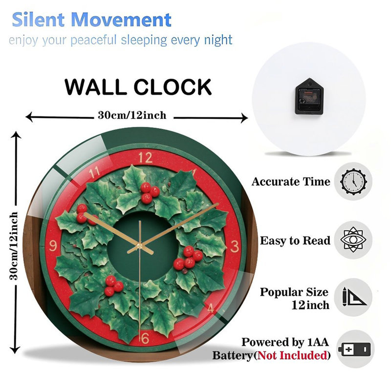 Horloge murale de Noël-Horloge-Couronne-avec-houx-et-baies
