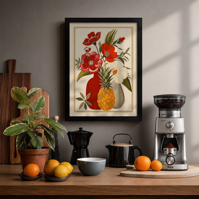 Vase with Flowers and Pineapple Botanical - Framed Print, A3 - 42.0 x 29.7 cm, Black
