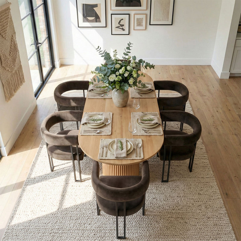 Ensemble de table de salle à manger pour 6 personnes avec table ovale et 6 chaises rembourrées en velours, Chêne, Brun