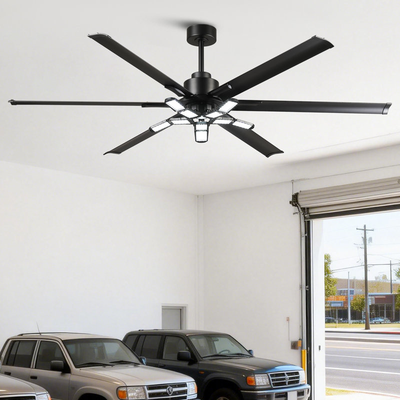 Ventilateur de plafond 84 po noir commercial de style industriel avec lumières DEL pliables et télécommande, moteur à courant continu réversible à 6 vitesses, minuterie, 6 très grandes pales en aluminium, tiges de 10 po et de 24 po incluses