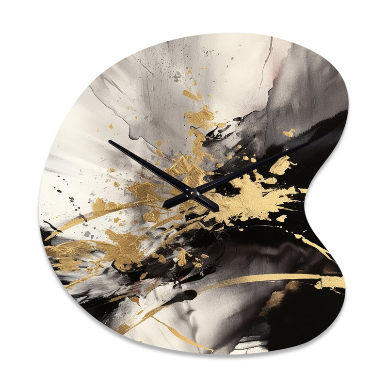 Or et gris fluides Fusion II - horloge murale abstraite de forme unique en métal, impression d'horloge murale asymétrique moderne