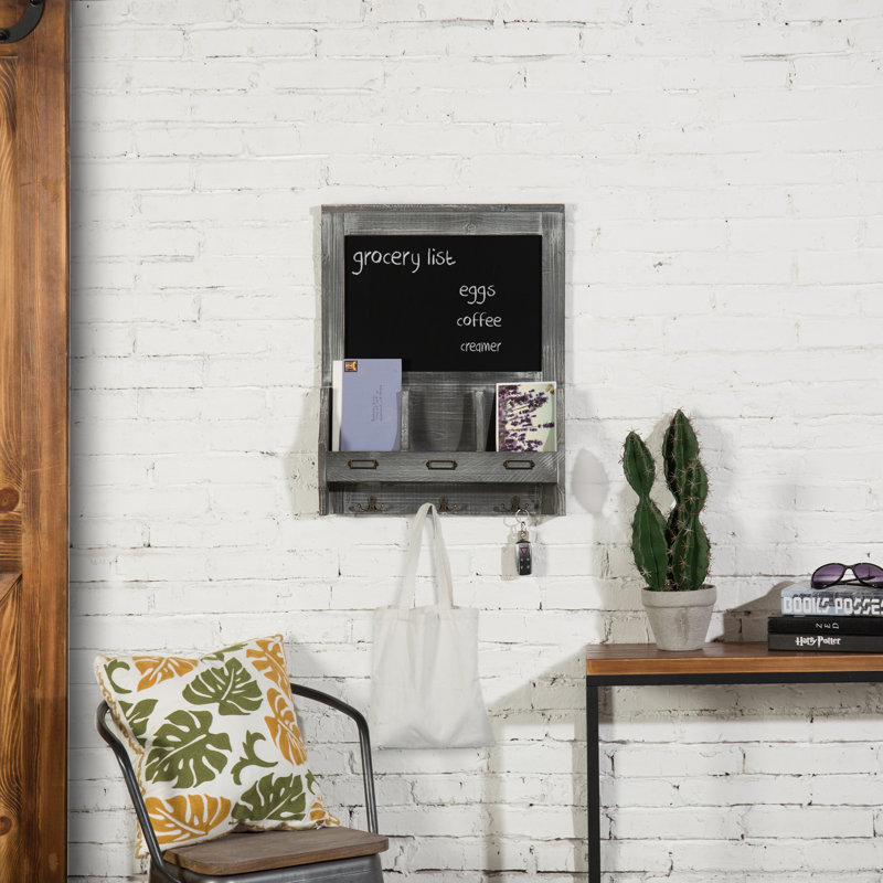 Wall Organiser with Key Hooks, Greywashed Wood