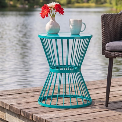 Round Metal Outdoor Side Table with Sculptural Wire Base for Patio, Balcony, Porch and Garden