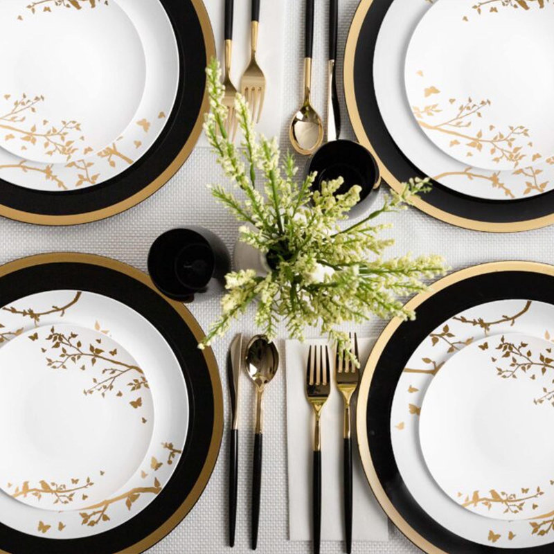 Assiettes en plastique rondes blanches jetables 6 po avec motif floral EcoQuality 50 invités, Blanc / Doré