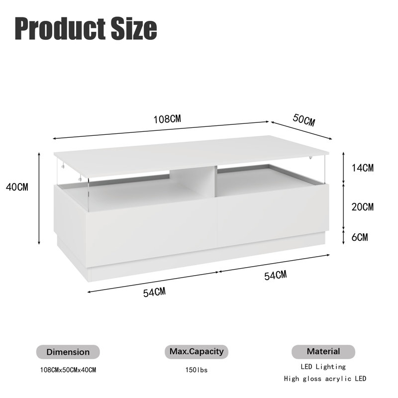 Alpena 108 W cm Rectangular Storage Coffee Table with 2 Drawers & LED Lights, White