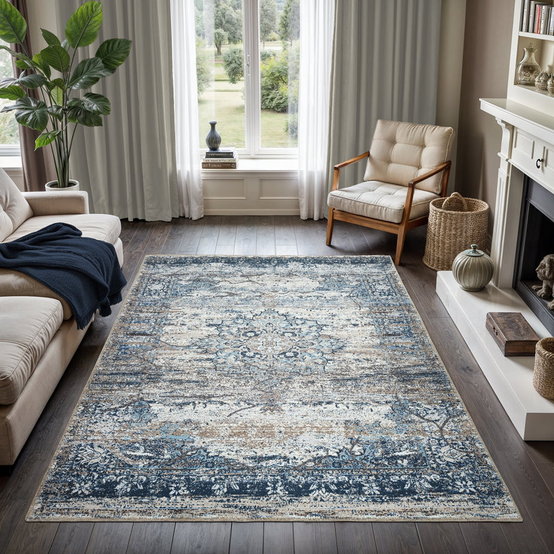 GLN Rugs Vintage Collection - Machine Washable Area Rug, Vintage Washable Rug, Non Slip Area Rug, Low Pile Living Room Rug, Bedroom Rug, Bathroom Rug - Easy Clean (Navy Blue and Gray Rug)