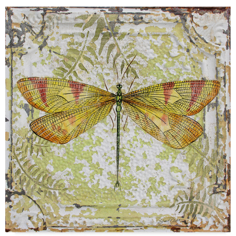 Large Yellow and Red Dragonfly on Green Tin Tile Canvas Art