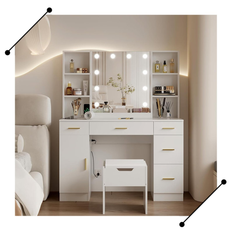 Vanity Desk with LED Lighted Mirror - 10 LED Lights, White