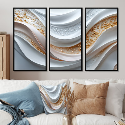 «White and Gold Fractal Marble Waves III - Abstract Spirals», ensemble d'art mural