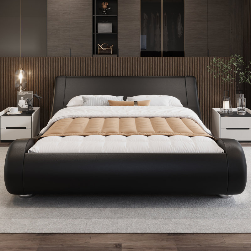 Low Profile Sleigh Bed With Faux Leather Ergonomics Headboard, Black, Queen