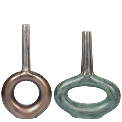 Decorative Antique Aluminium-casted Table Centerpiece Flower Vase, Two Tone Patina Green ,set Of 2