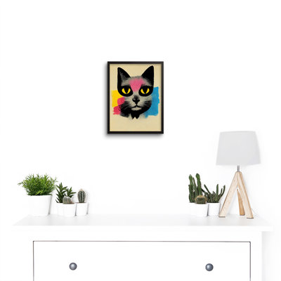 Pop Art Cat Bright Pink Yellow Blue 1 Piece Single Picture Frame Wall Art