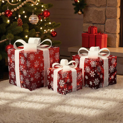 3-Piece Pre-Lit Red Snowflake Gift Box Set with White Ribbon Bows, Battery-Operated Outdoor Christmas Decoration