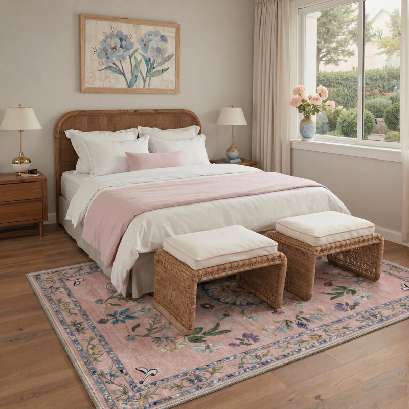 Tapis rose poudré lavable en machine à motif floral vintage, tapis botanique antidérapant pour salon et chambre