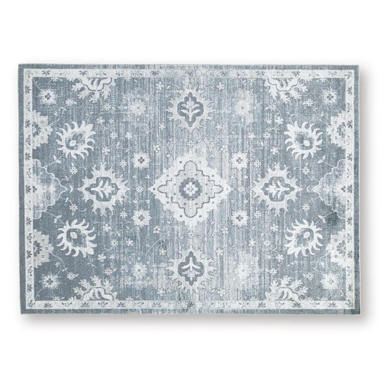 Tapis traditionnel lavable Avans, motifs gris-ivoire, polyester bleu 8 x 10